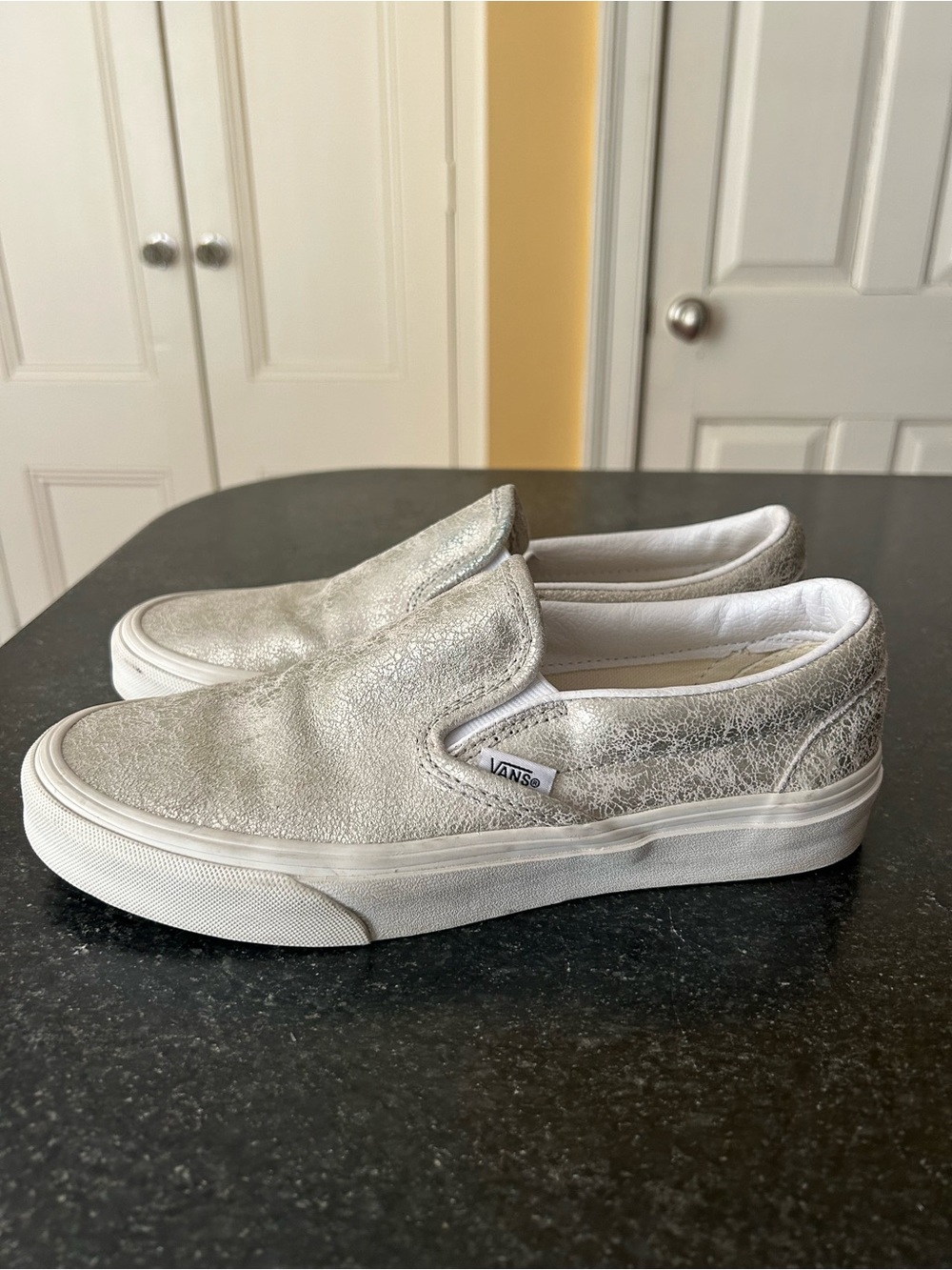 Vans Classic Slip-on Silver “Cracked Leather” Sneakers - Size 7.5